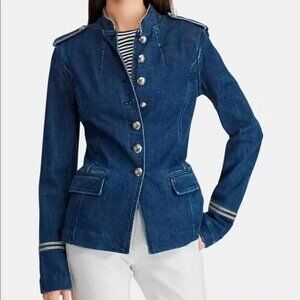 Ralph Lauren Size 4 Military Officer Jacket Blue Denim Jean Metallic Button Down